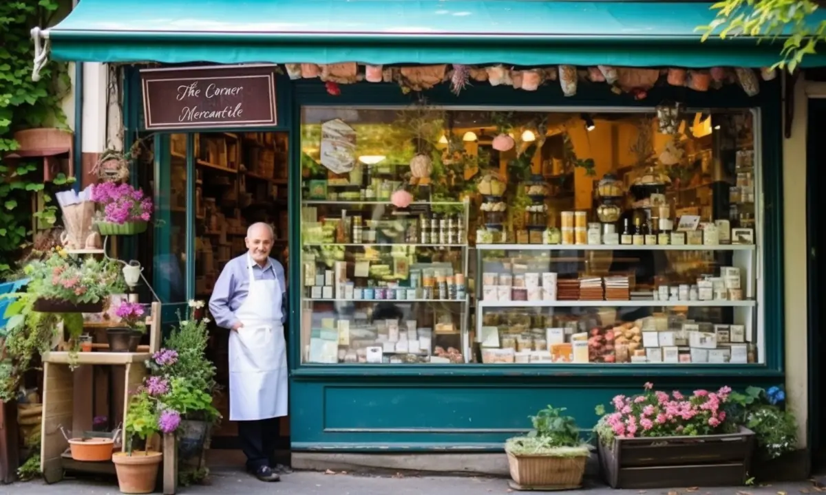 An apron-wearing shopkeeper outside a green storefront with flowers by the entrance
