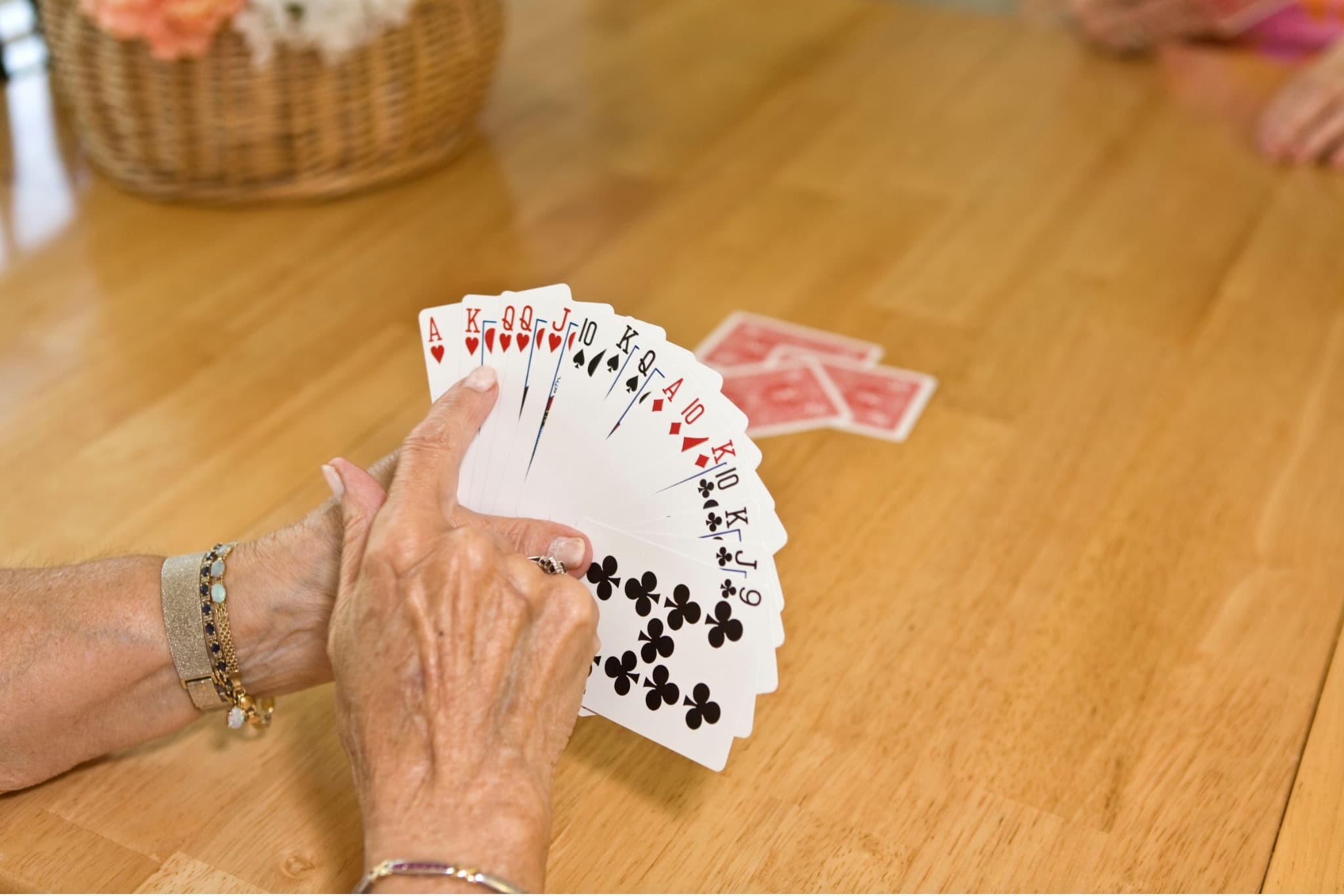 A player holding a fan of pinochle cards, including two queens of hearts.