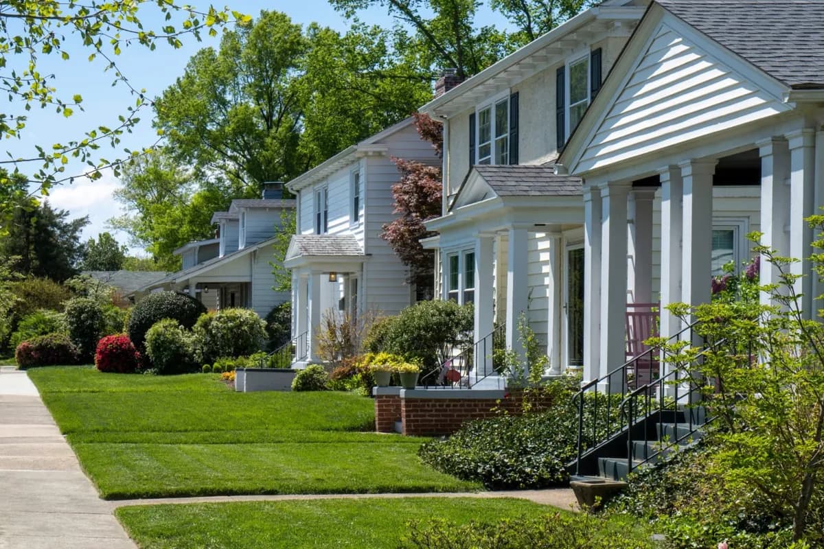 Front porches and lawns along a tree-lined residential street